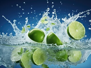 Fresh lime and juice splash on blue splashing water background