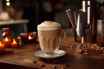 cappuccino latte coffee cup and coffee beans on wooden table in cafe commercial with bokeh background