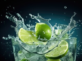 Fresh lime and juice splash on blue splashing water background