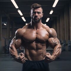 Fototapeta na wymiar a man flexing muscles in a gym