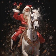 a man in a red suit riding a white horse