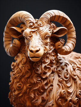 A Detailed Wood Carving of a Sheep