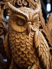 A Detailed Wood Carving of an Owl