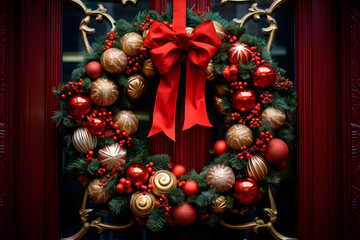 Christmas wreath on the front door, beautifully crafted with evergreen branches and red bows.