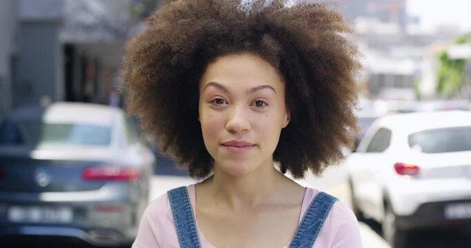 Face, happy woman and interview in street, politics opinion and communication for survey. Portrait, African student answer question in city and conversation of government critic on tv news broadcast