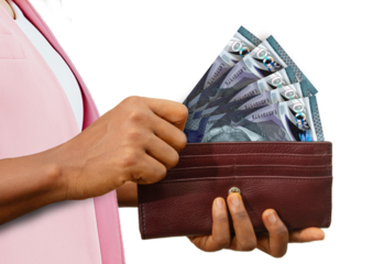 fair Female Hand Holding brown Purse With Barbados Dollar notes, hand removing money out of purse isolated on transparent background