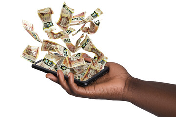 Black hand holding phone with Jamaican dollar notes hovering on screen isolated on transparent...