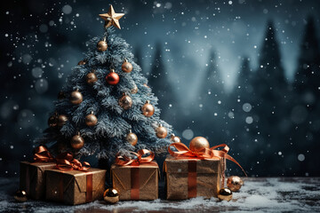 Christmas tree with gifts under snowfall. AI generative