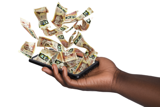 Black hand holding phone with Jamaican dollar notes hovering on screen isolated on transparent background. 3d rendered banknotes