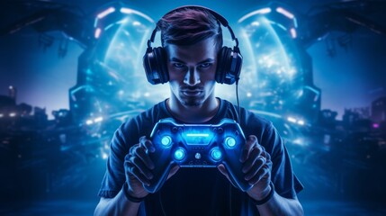 a man wearing headphones and holding a game controller