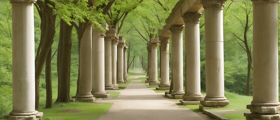 Walkway with ancient roman columns at the forest from Generative AI
