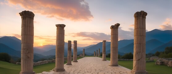 Walkway with ancient roman columns at mountains at sunset from Generative AI - obrazy, fototapety, plakaty