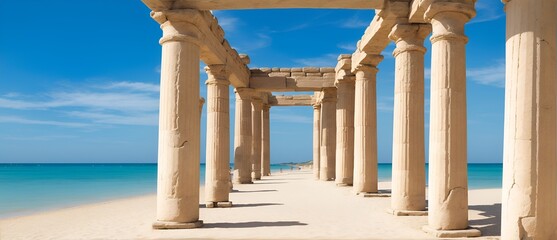 Fototapeta premium Walkway with ancient roman columns at the beach. from Generative AI