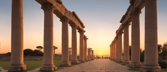  Walkway with ancient roman columns at sunset from Generative AI - obrazy, fototapety, plakaty