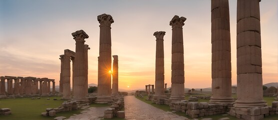 Walkway with ancient roman columns at ancient ruins at sunset. from Generative AI