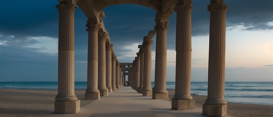 Fototapeta premium Walkway with ancient roman columns at beach at dark from Generative AI