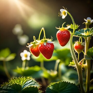 a closeup of strawberries still growing on the plant, with strawberrie flowers and ethereal ligh