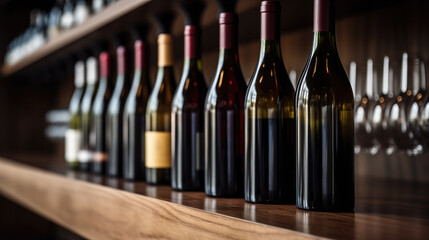 Row of wine bottles on wooden table.