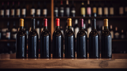 Row of wine bottles on wooden table.