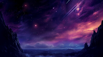 Naklejka premium large purple starscape with sparse shooting stars. AI generative