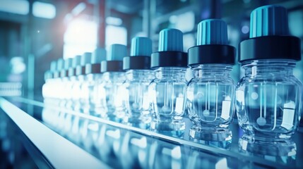 Medical vials on production line at pharmaceutical factory, Pharmaceutical machine working pharmaceutical glass bottles production line, health care, pandemic