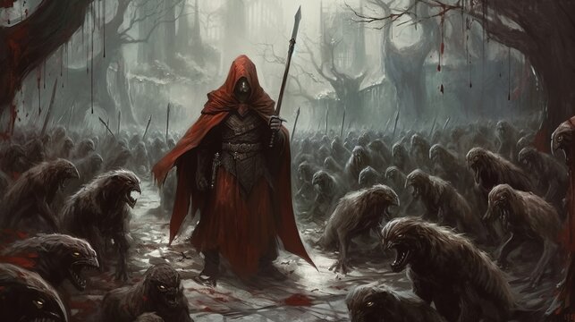 a person in a red robe with a spear surrounded by a group of monsters