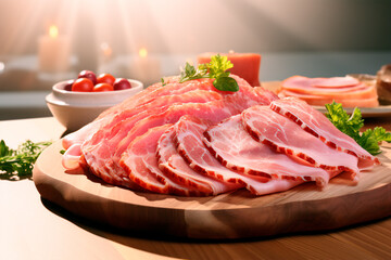 Fototapeta premium Wooden board beautifully presented with a variety of delicious ham slices