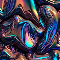 Bold holographic liquid metal shapes set isolated. Iridescent wavy melted substance. Ai generate