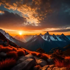 Deurstickers A Mesmerizing Sunrise Over the Majestic Mountains, Where the First Rays of Dawn Illuminate the Rugged Peaks, Casting a Golden Glow Across the Vast Horizon, Inviting the Soul to Embrace the Promise  © Malik