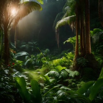 Tropical Rainforest Climate, Realistic, Nature, Graphic Design, Flat Land For Animals To Play, Grass And Trees