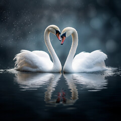 Romantic Mating Ritual of White Swan Couple Creating a Heart Reflection on Serene Water, Symbolizing Love and Tenderness in Nature