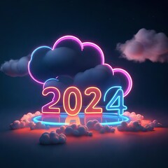 3d render, abstract background with colorful neon numbers and cloud. New year 2024 glowing in the skyar  - obrazy, fototapety, plakaty