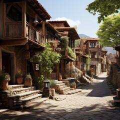 a stone street with stone stairs and stone buildings