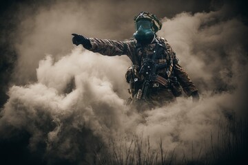 Special forces and military soldiers between smoke and gas in battlefield