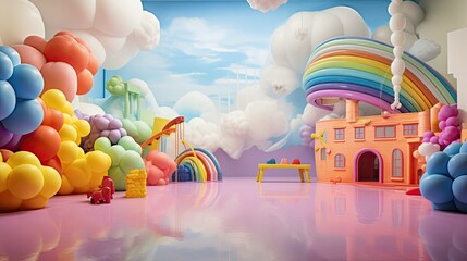 Rainbow playground room, Backdrop for photo studio, room background for children photography - obrazy, fototapety, plakaty