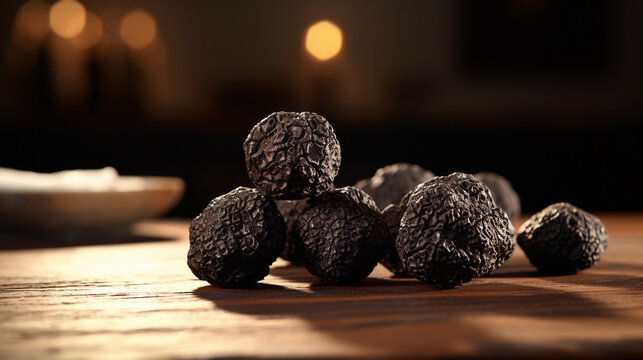 Black Forest Truffles. Nature Food Fungus Or Host Trees On Wooden Table At Kitchen. Closeup Raw Fungi, Gourmet Mushrooms Ai Generated Horizontal Plane. Copy Space For Text.