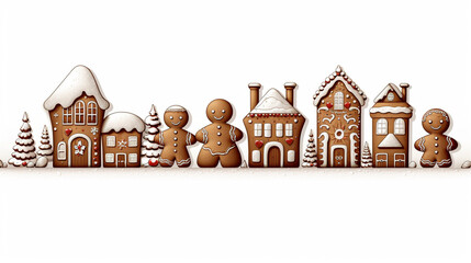 Gingerbread Houses and gingerbread men in a horizontal row, Christmas Holiday, Winter illustration, vector illustration flat style background, banner, wallpaper, space for text - obrazy, fototapety, plakaty