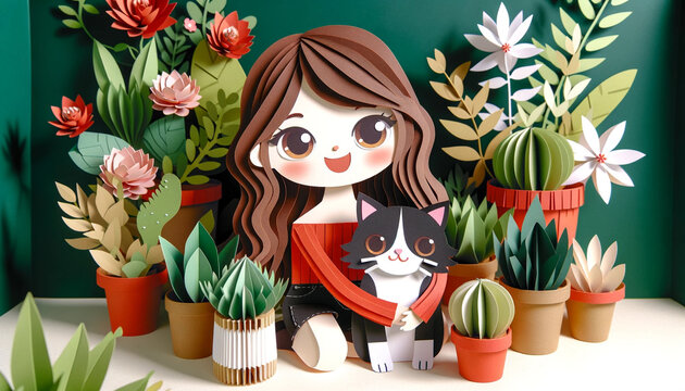 an illustration of a paper craft diorama with young girl hugging her adorable cat