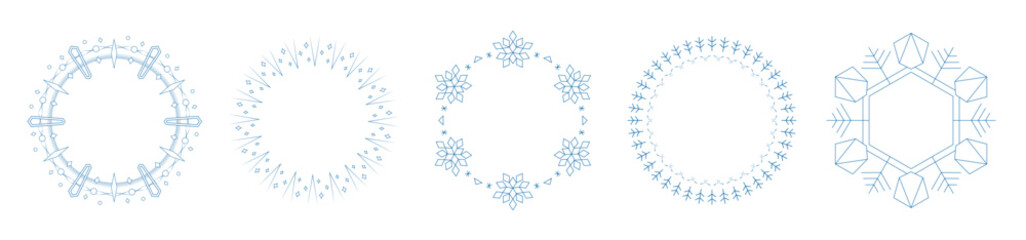 素材_フレームのセット_雪の結晶と光をモチーフにした冬の飾り枠。高級感のある囲みのデザイン。字無