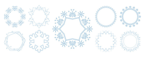 素材_フレームのセット_雪の結晶と光をモチーフにした冬の飾り枠。高級感のある囲みのデザイン。字無