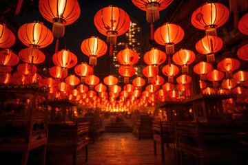 Chinese new year. Red chinese lantern in mid-autumn festival. Hanging paper lanterns glowing. - obrazy, fototapety, plakaty