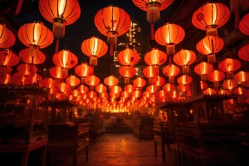 Foto op Plexiglas Chinese new year. Red chinese lantern in mid-autumn festival. Hanging paper lanterns glowing. © P