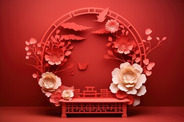 Paper flowers and a round podium on red background for the presentation of products. Scene. Mockup for Chinese New Year.