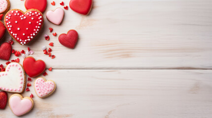 Valentine's day cookies hearts with copyspace on wood table, saint valentine and love background concept, blank space, hd
