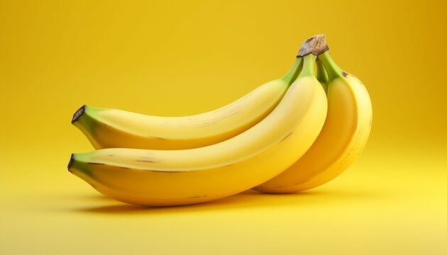 Organic bunch of banana on bright yellow background. Vegan food photo concept.