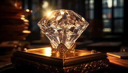 Macro a large diamond shining dazzlingly inside a valuable historical box at sunrise, ultra realistic, professional photography.