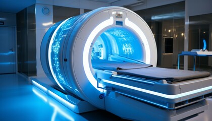 Fototapeta premium High tech advanced MRI or CT Scan medical diagnosis machine at the hospital laboratory and featuring various connected technologic devices