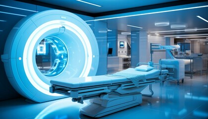 High tech advanced MRI or CT Scan medical diagnosis machine at the hospital laboratory and featuring various connected technologic devices - obrazy, fototapety, plakaty