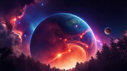 Nebula seen from the forest. Gascloud. Cosmic art. Galactic art. 4K - 8K - 12K TV. Generative AI.