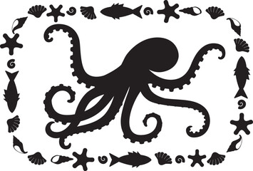 Octopus, sea animal in a rectangular frame - vector silhouette for printing or cutting. Marine composition stencil with octopus and other sea animals